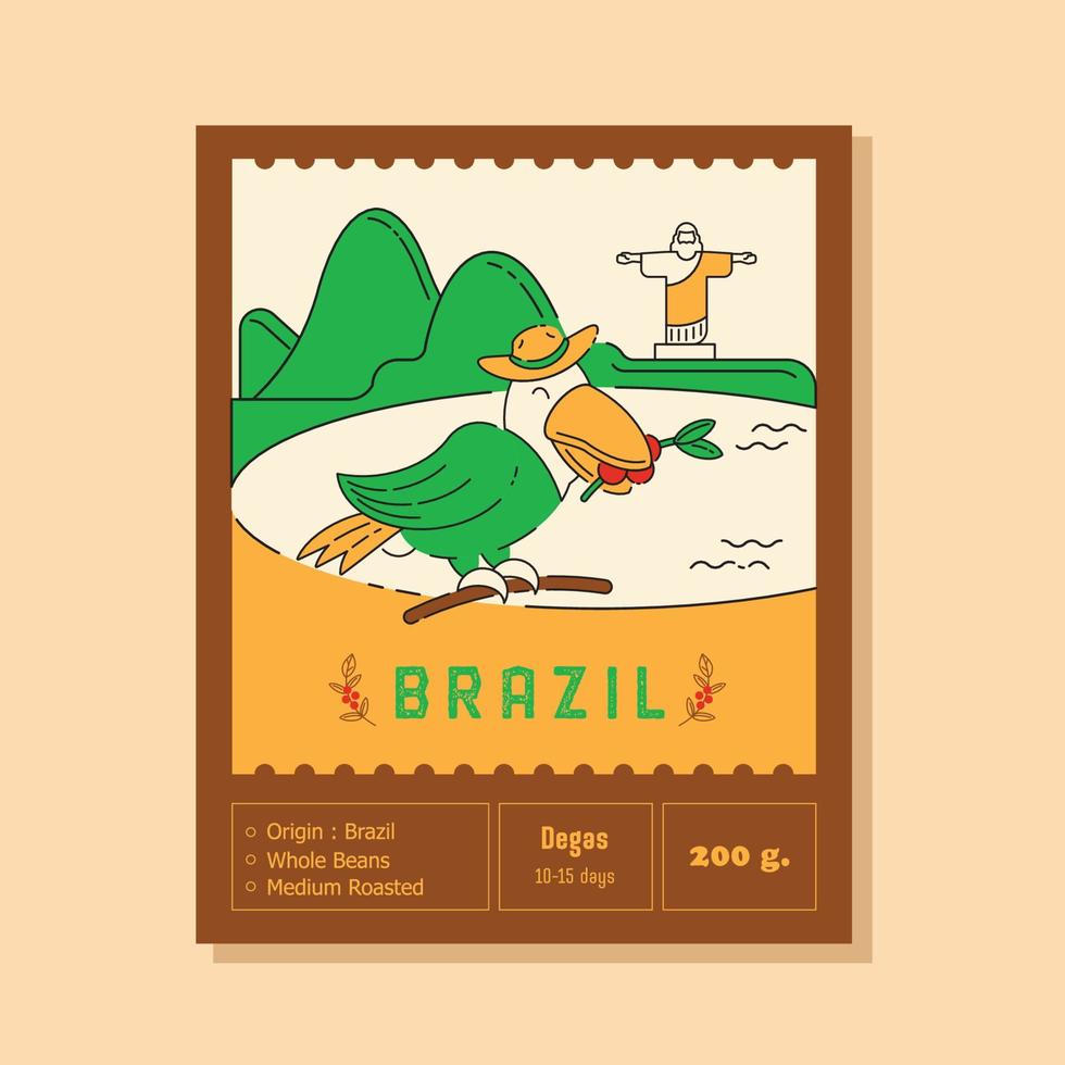 Brazil coffee label with toucan on bay vector
