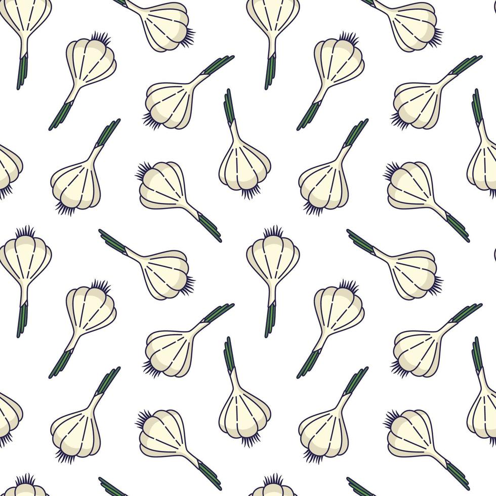 Cute Garlic seamless pattern in doodle style. Vector hand drawn cartoon Garlic illustration. Hand drawn Sketch of Garlic. Pattern for kids clothes.