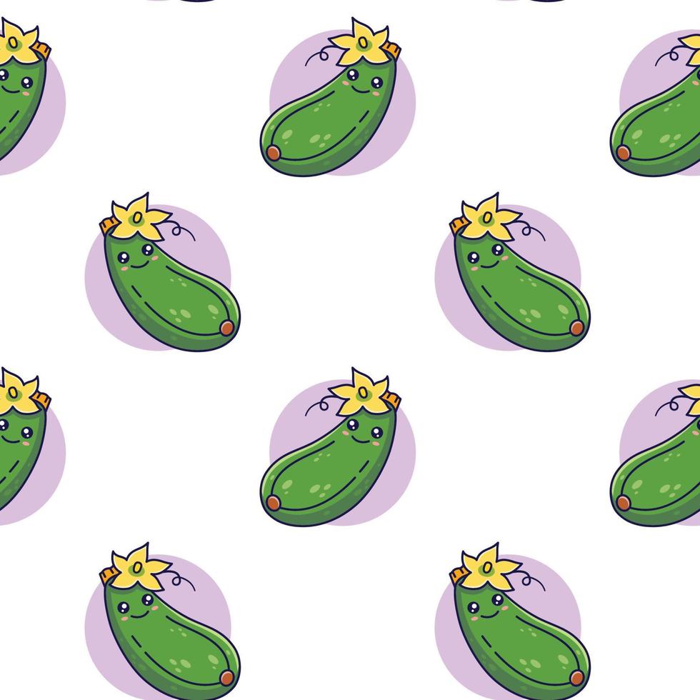 Cute Kawaii Zucchini seamless pattern in doodle style. Vector hand drawn cartoon Zucchini illustration. Hand drawn Sketch of Zucchini. Pattern for kids clothes.