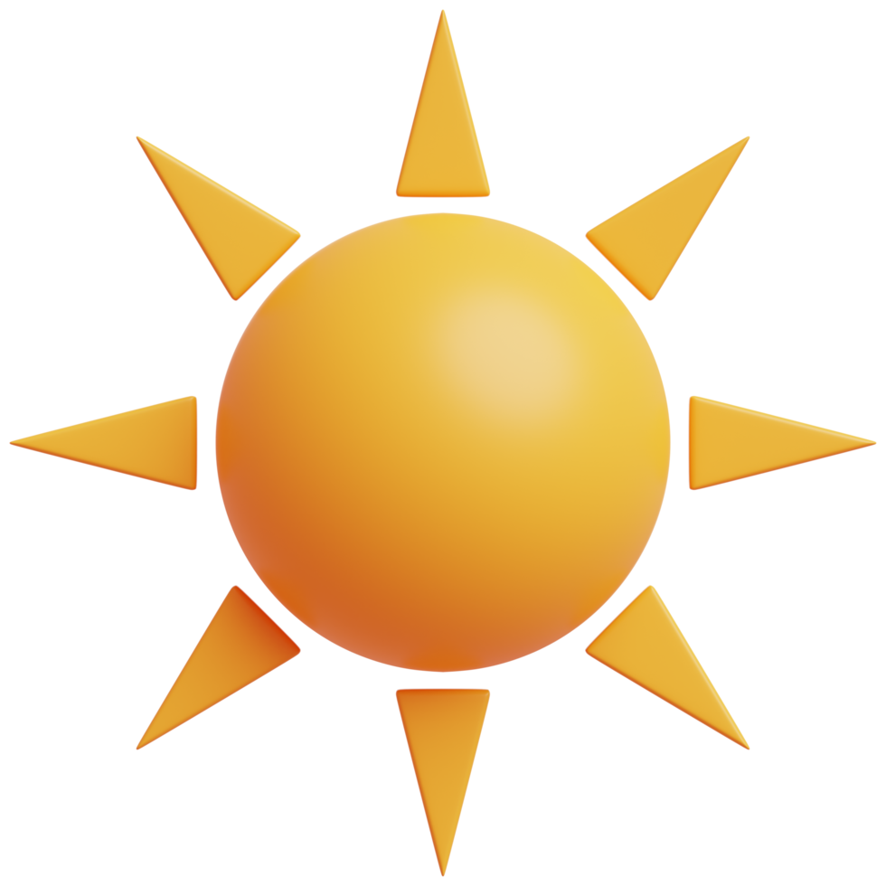 3d geel zon met stralen. zon tekenfilm minimaal stijl. zomer, het weer, natuur concept. png