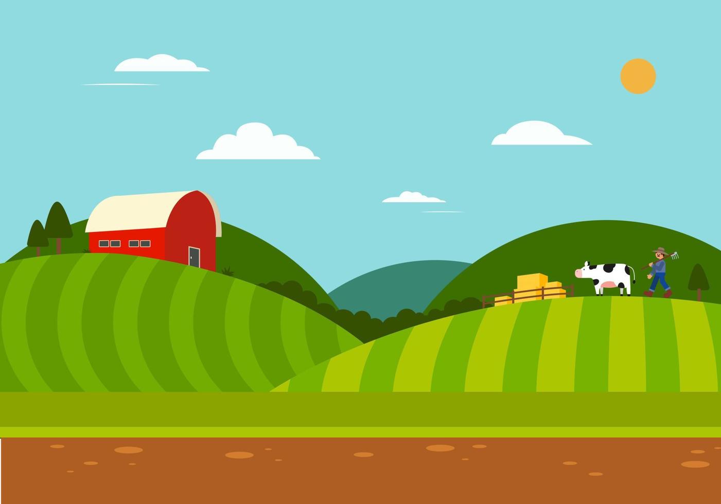 Farm scene with nature landscape.Farmer with countryside.Farmland vetor illustration vector