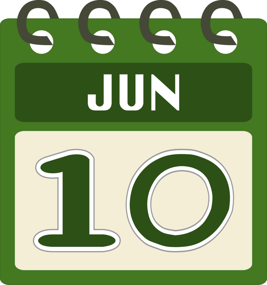 Flat icon calendar 10 of June. Date, day and month. PNG illustration. Green color banner. Free PNG.