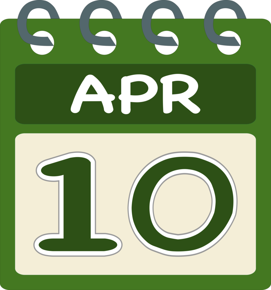 Flat icon calendar 10 of April. Date, day and month. PNG illustration . Green color banner. 10 Apr. 10th of Apr. Free PNG.