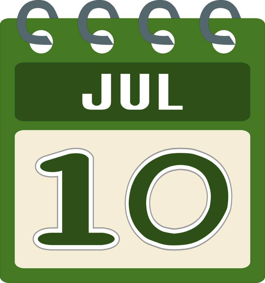 Flat icon calendar 10 of July. Date, day and month. PNG illustration . green color banner. 10 Jun. 10th of Jul. Free PNG.