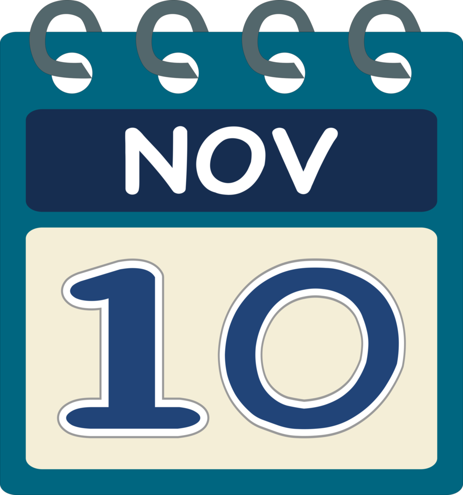 Flat icon calendar 10 of November. Date, day and month. PNG illustration . Blue teal green color banner. 10 Nov. 10th of Nov. Free PNG. Free calendar