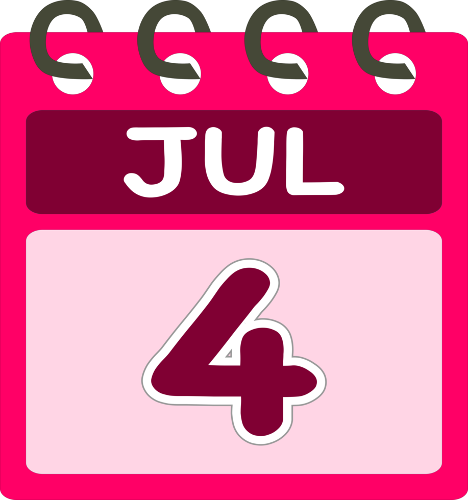 Flat icon calendar 4 of July. Date, day and month. Vector illustration . Pink color banner. 4. Jul. 4th of Jul. Free PNG. Free calendar png