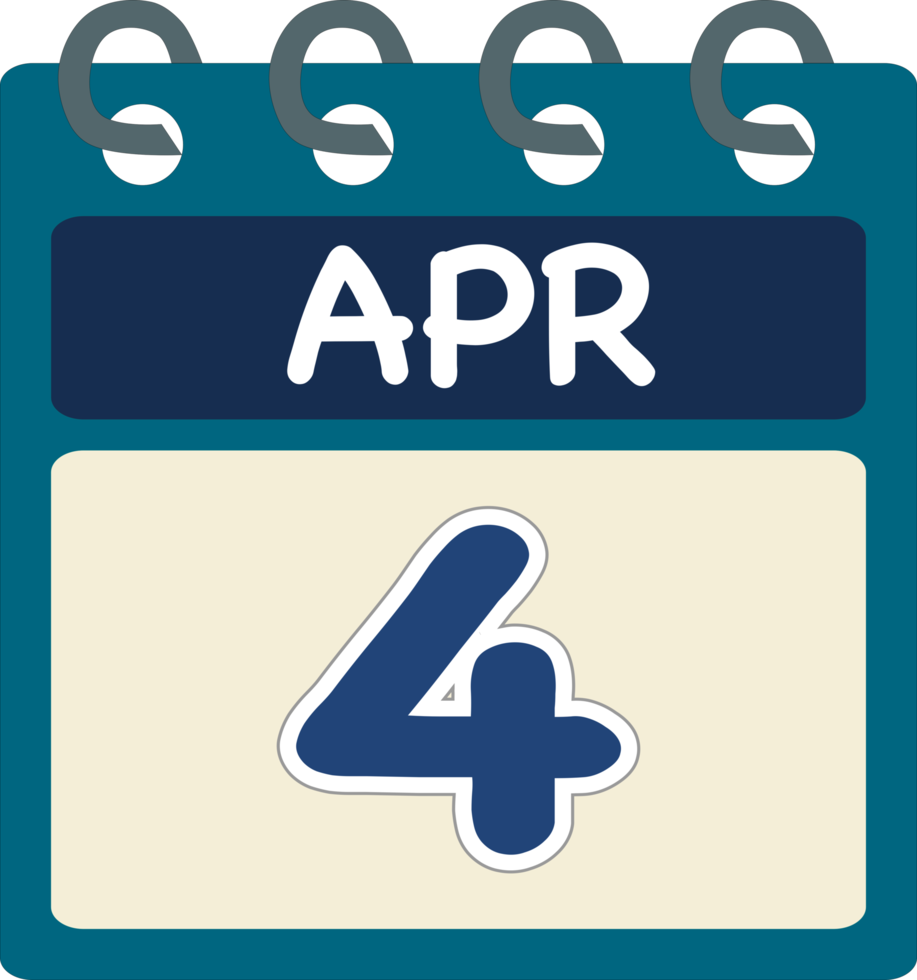 Flat icon calendar 4 of April. Date, day and month. PNG illustration . Blue teal green color banner. 4 Jun. 4th of Apr. Free PNG. Free calendar.