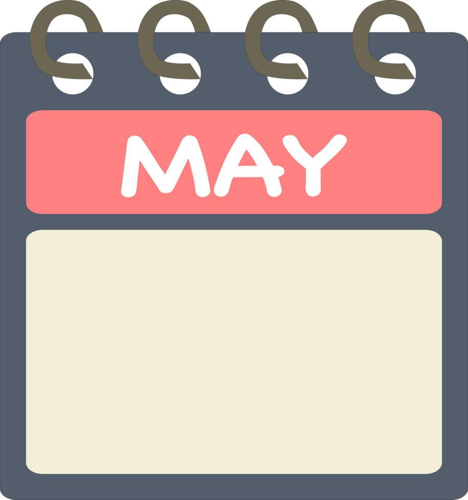 Flat icon calendar of May. month. PNG illustration. color banner. Blank date label. Free calendar. Free PNG.