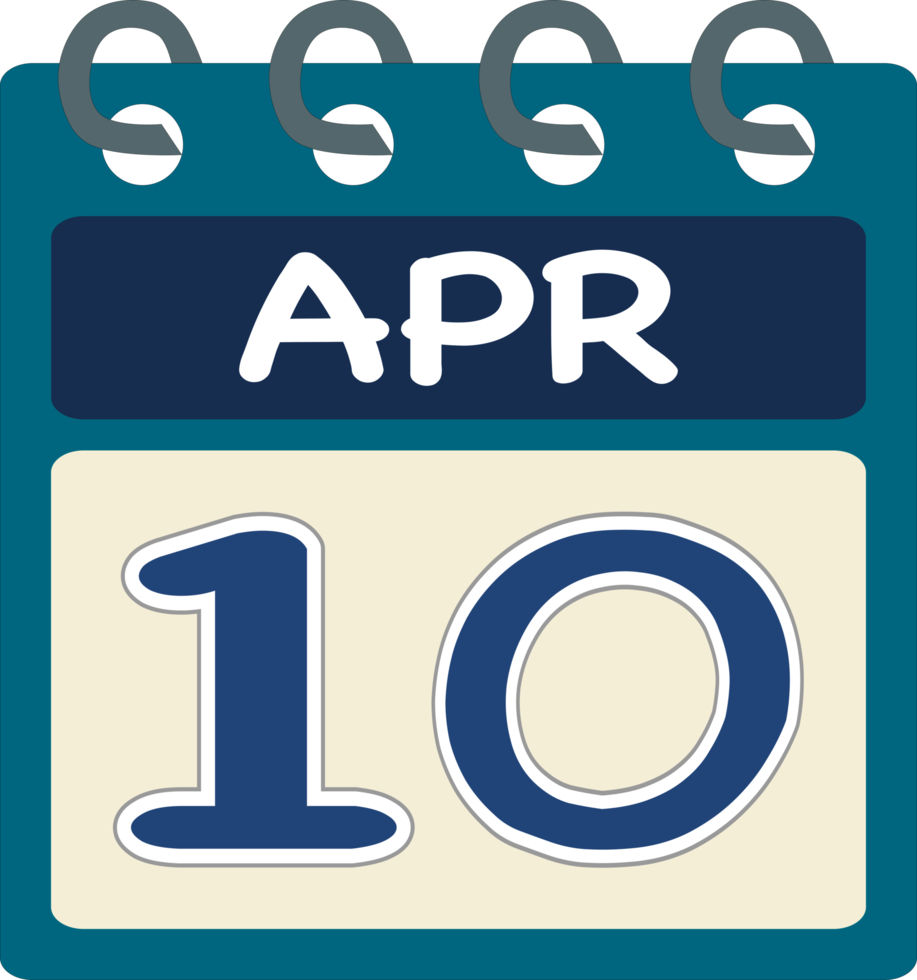 Flat icon calendar 10 of April. Date, day and month. PNG illustration . Blue teal green color banner. 10 Apr. 10th of Apr. Free PNG.