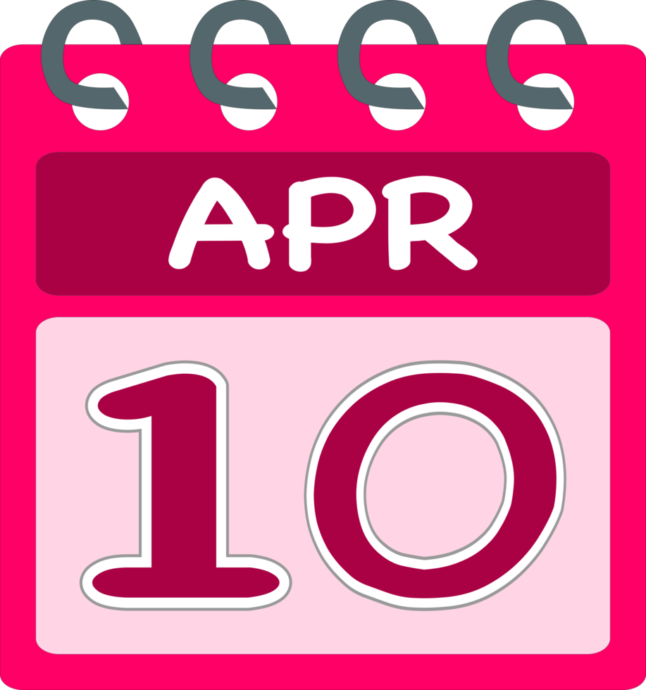 Flat icon calendar 10 of April. Date, day and month. PNG illustration . Pink color banner. 10 Apr. 10th of Apr. Free PNG.
