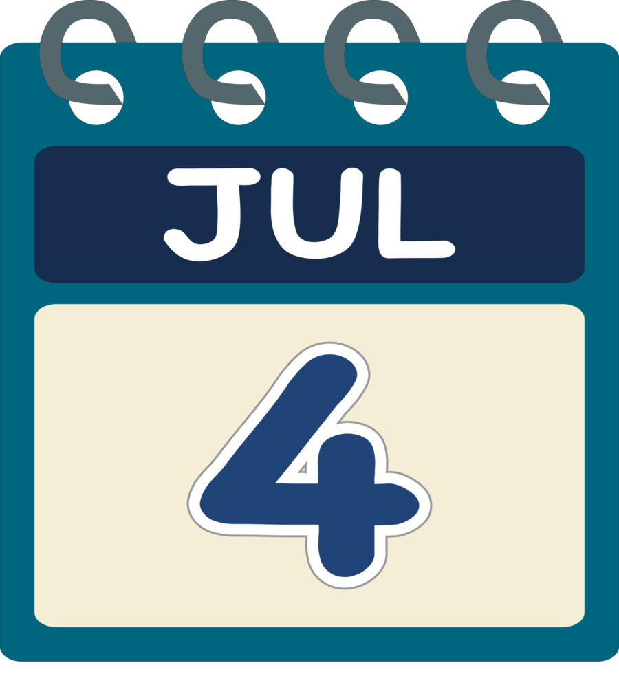 Flat icon calendar 4 of July. Date, day and month. PNG illustration . Blue teal color banner. 4 Jul. 4th of Jul. Free PNG. Free calendar.