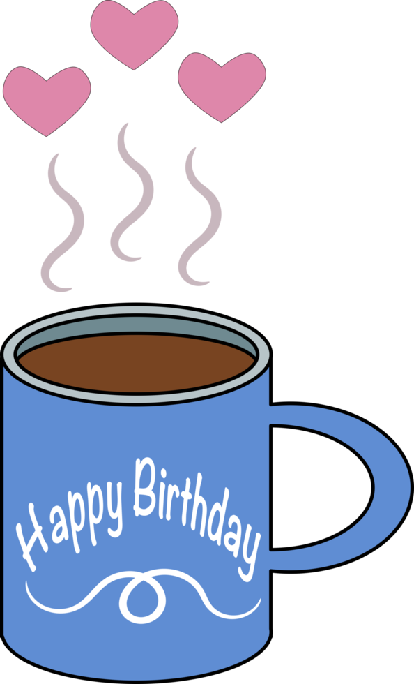 cumpleaños día saludo tarjeta, invitación. mano dibujado taza. taza de té o café. png ilustración, cepillo letras. gratis png.