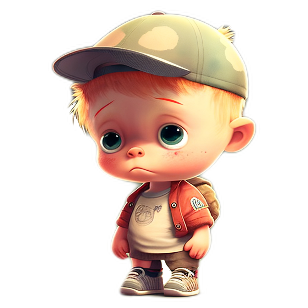 School boy cartoon character with sad face. png