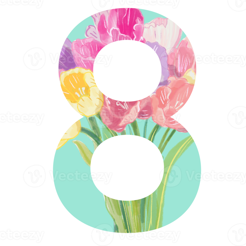 Number 8 march with tulips flower illustration inside the letter for woman day png