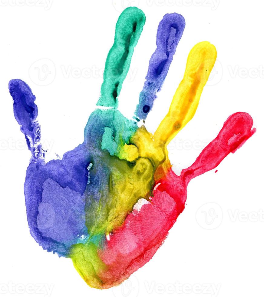 Close up of colored hand print on white photo