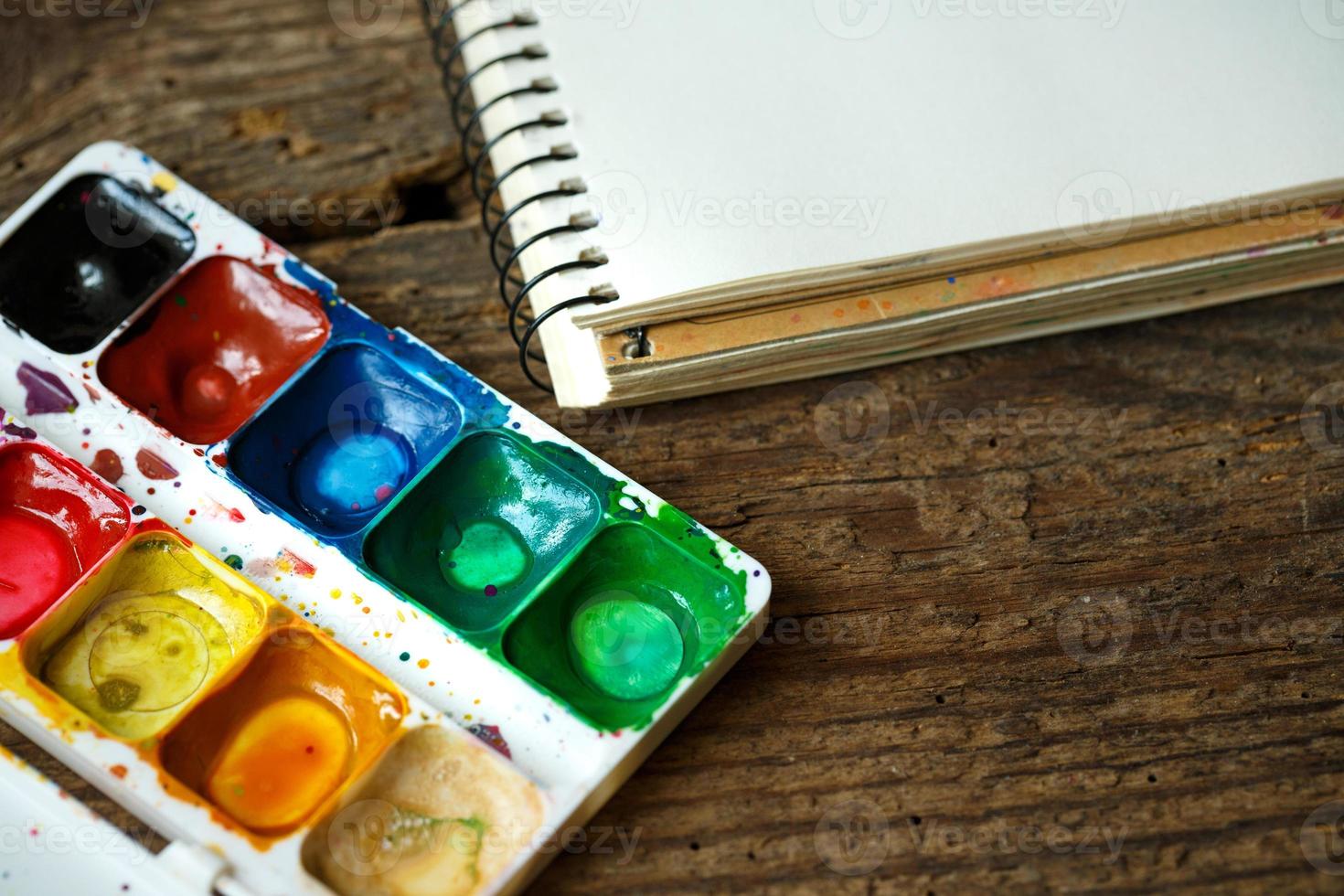 Art of Painting. Painting set with brushes, paints, watercolor, acrylic paint top down view photo