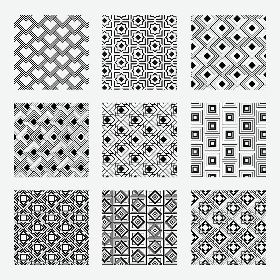 Geometric swatches patterns. Nine swatches. Black geometric shapes. Vector seamless repeat pattern