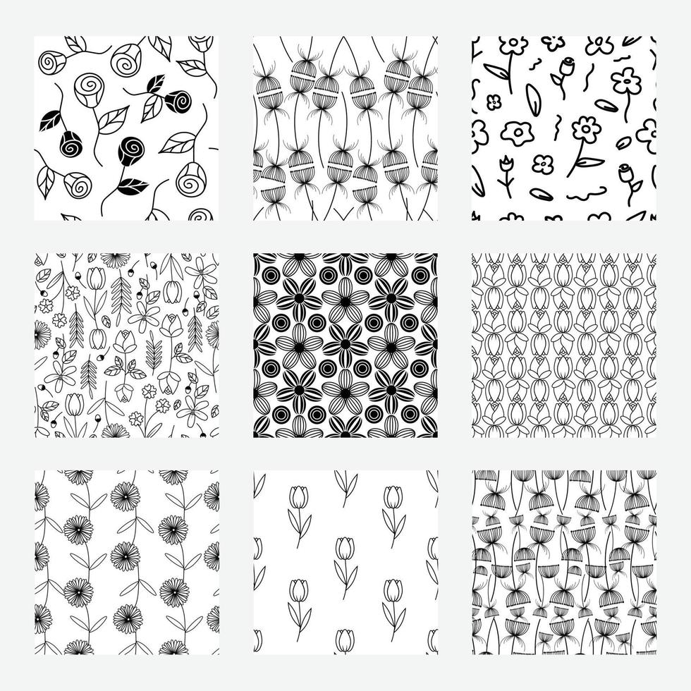 A set of floral abstract patterns. Black line art shapes. White background. Seamless repeat vector pattern