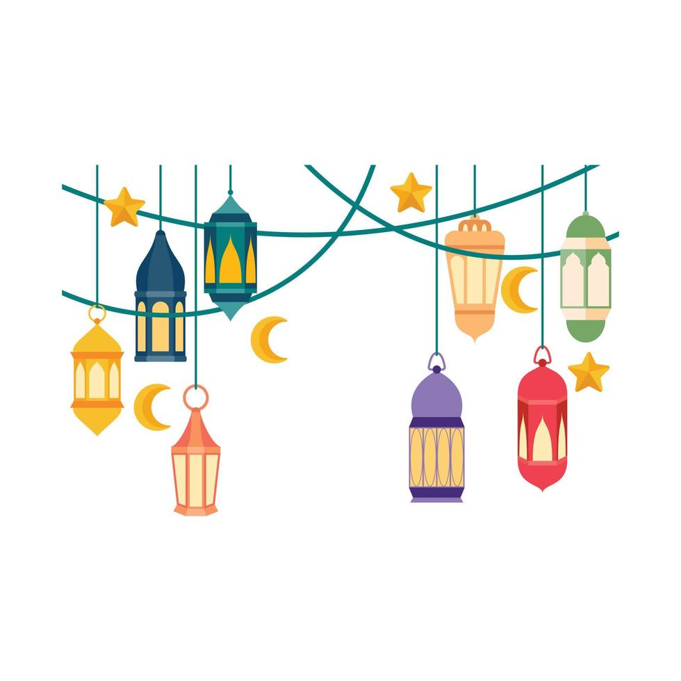 Islamic Lantern Illustration. Symbols of Ramadan Mubarak, Hanging Gold Lanterns, arabic lamps, lanterns moon, lantern element, star, art, vector and illustration