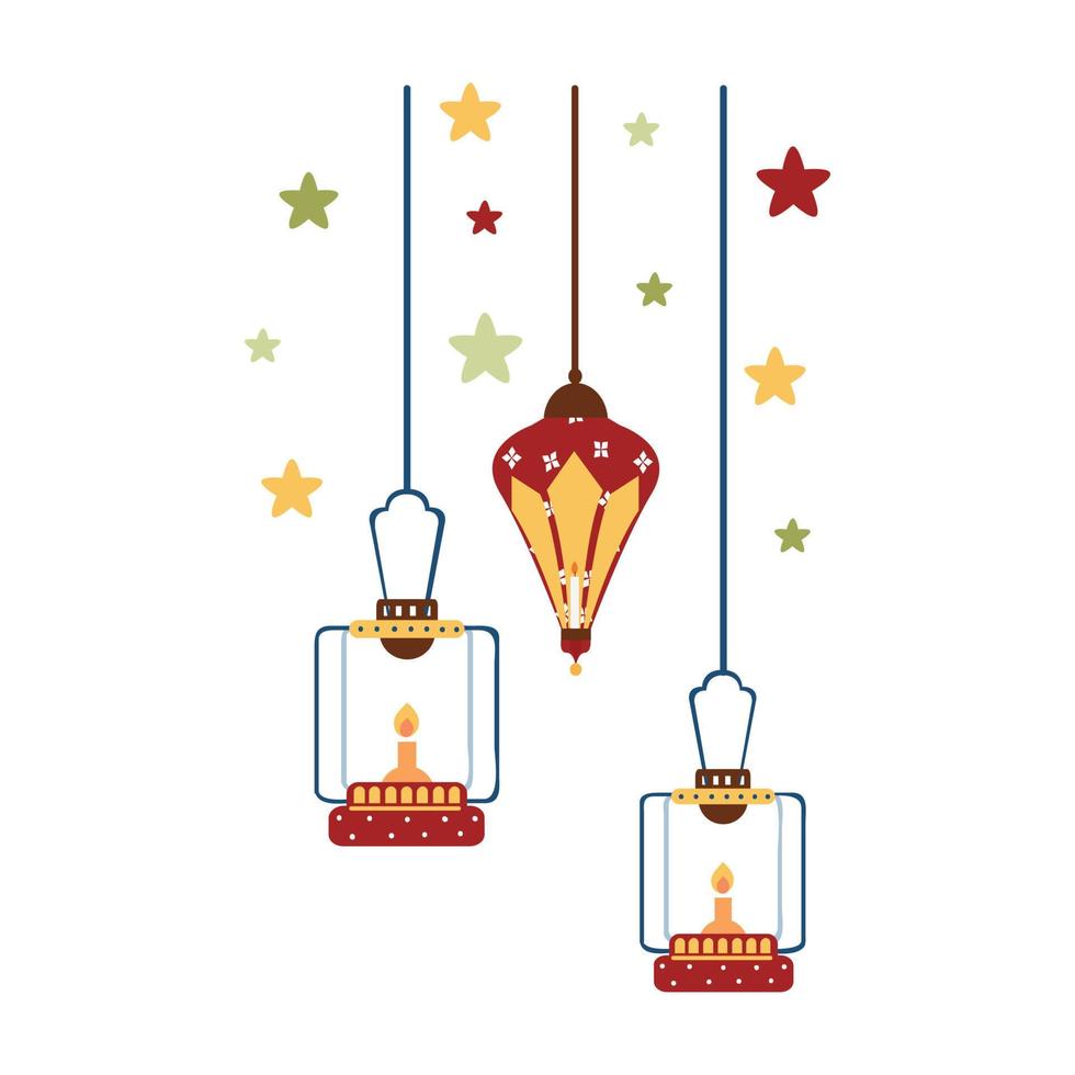 islámico linterna ilustración para Ramadán kareem elementos decoración. símbolos de Ramadán mubarak, colgando oro linternas, Arábica lámparas, linternas luna, linterna elemento, estrella, arte, vector y ilustración