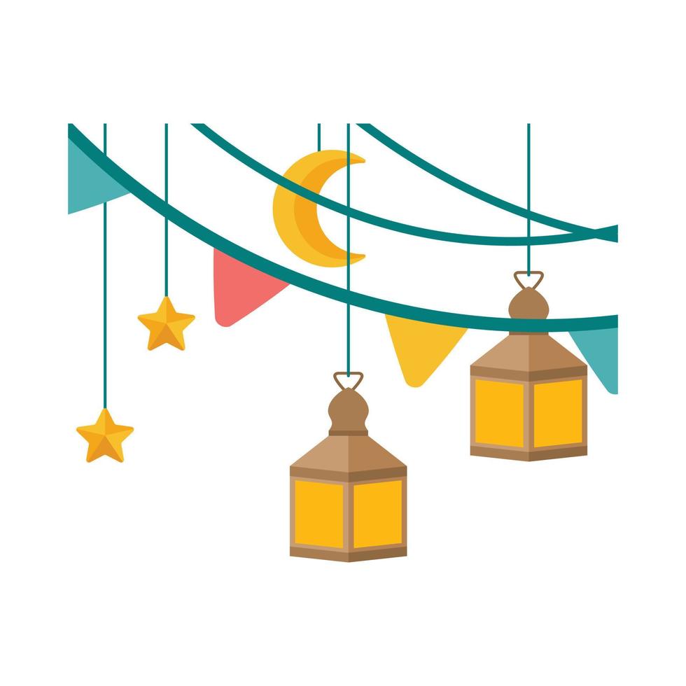 Islamic Lantern Illustration. Symbols of Ramadan Mubarak, Hanging Gold Lanterns, arabic lamps, lanterns moon, lantern element, star, art, vector and illustration