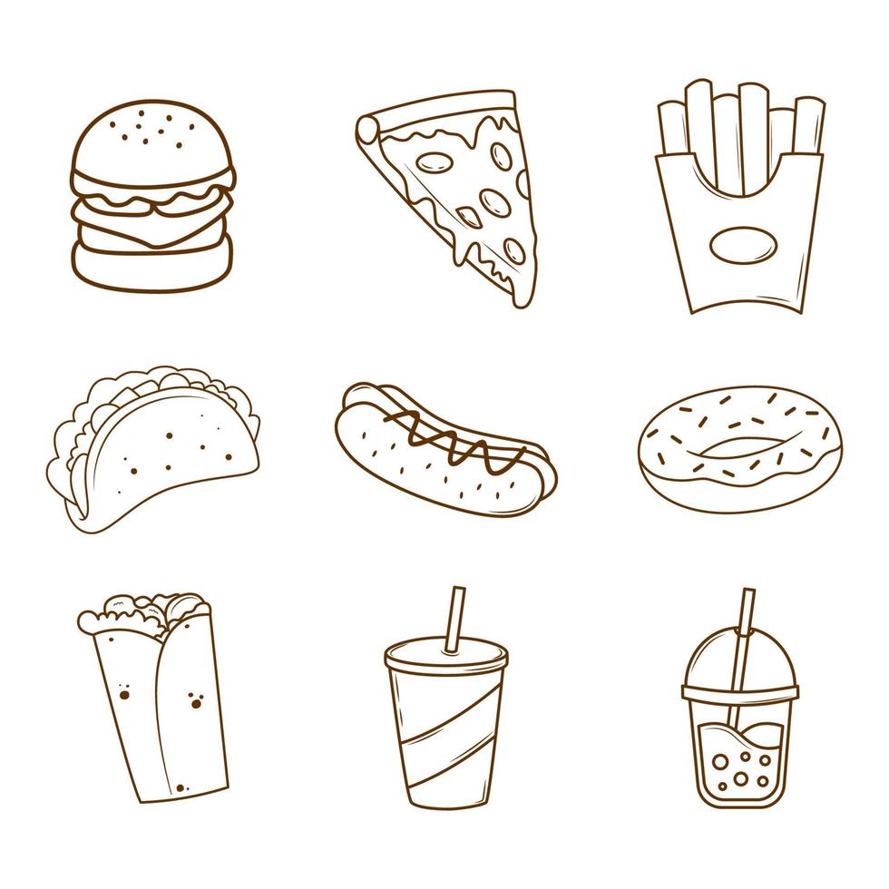 Set of fast food line art vector icon illustration.