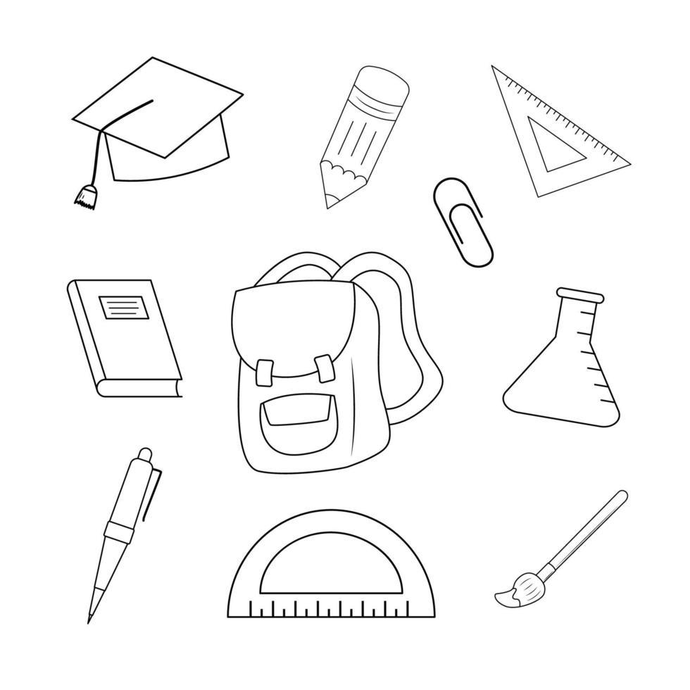 Set of school supplies line art vector illustration