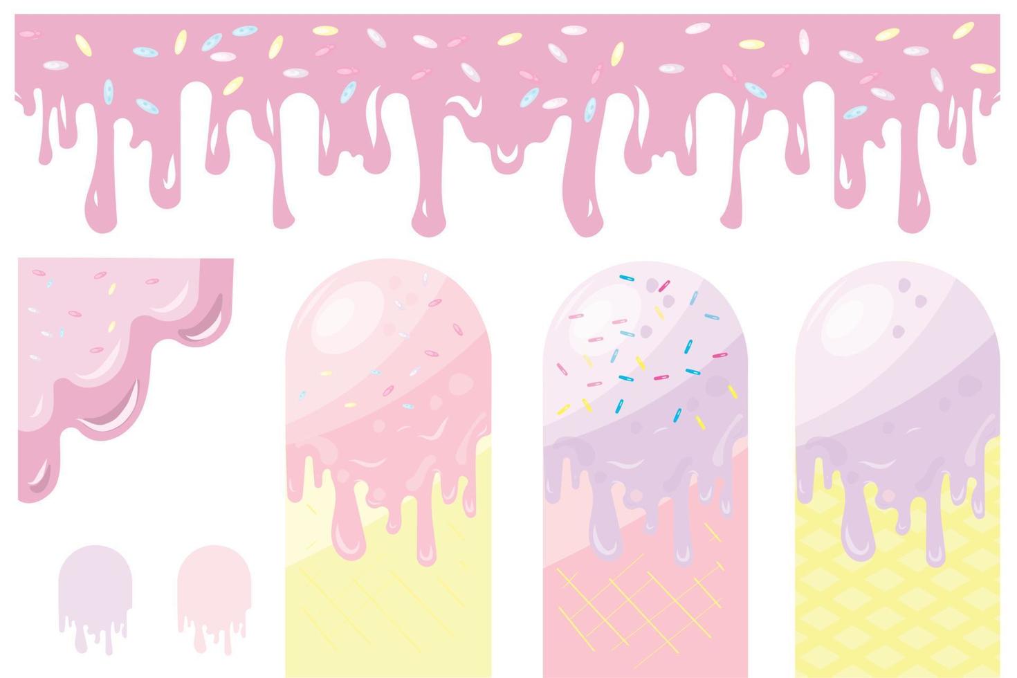 Realistic strawberry falling drops. Liquid creamy texture. Creamy liquid ice cream background with soft texture to create a sweet dessert. Vector illustration. Eps 10.