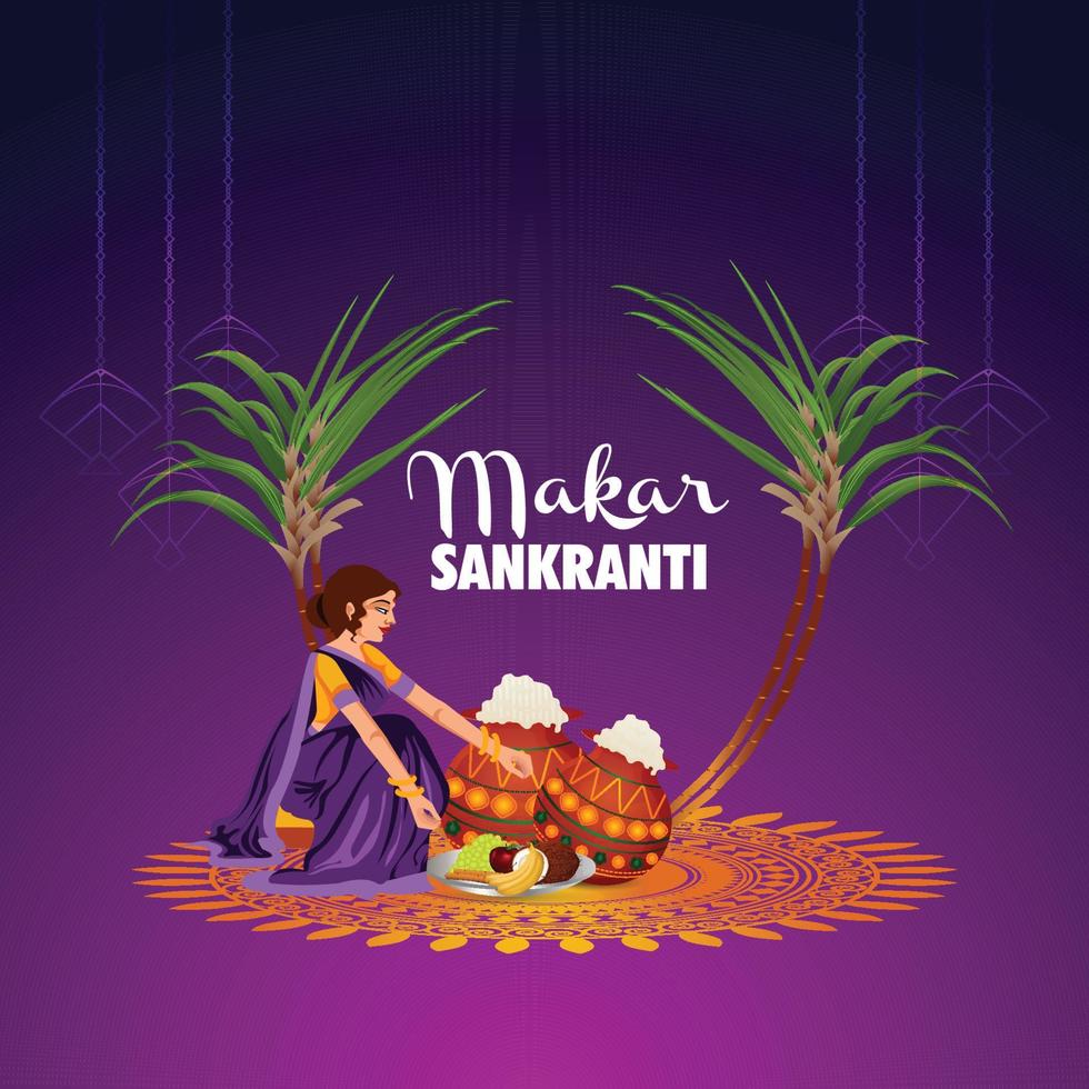 cartel creativo de makar sankranti con cometas de colores y tambor vector