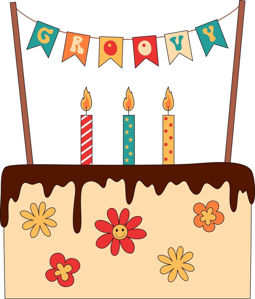 Retro groovy style birthday cake vector
