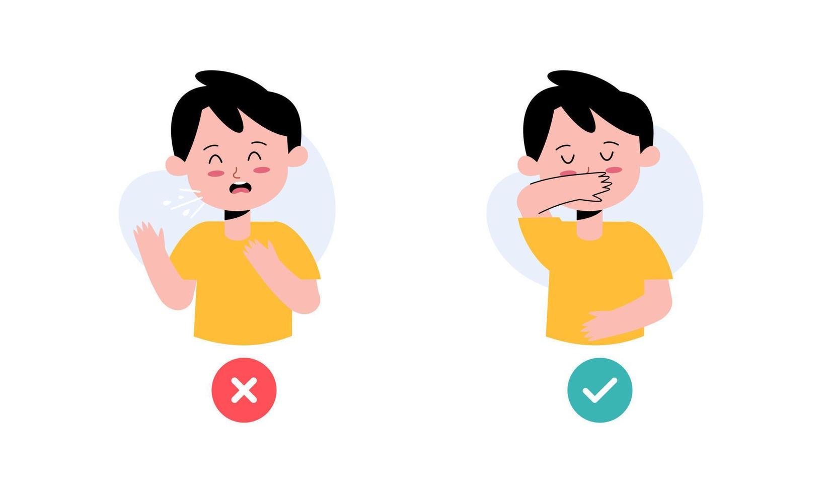 Kids Character Catching Flu. Kids Coughing and Sneezing in Right and Wrong Way Illustration vector