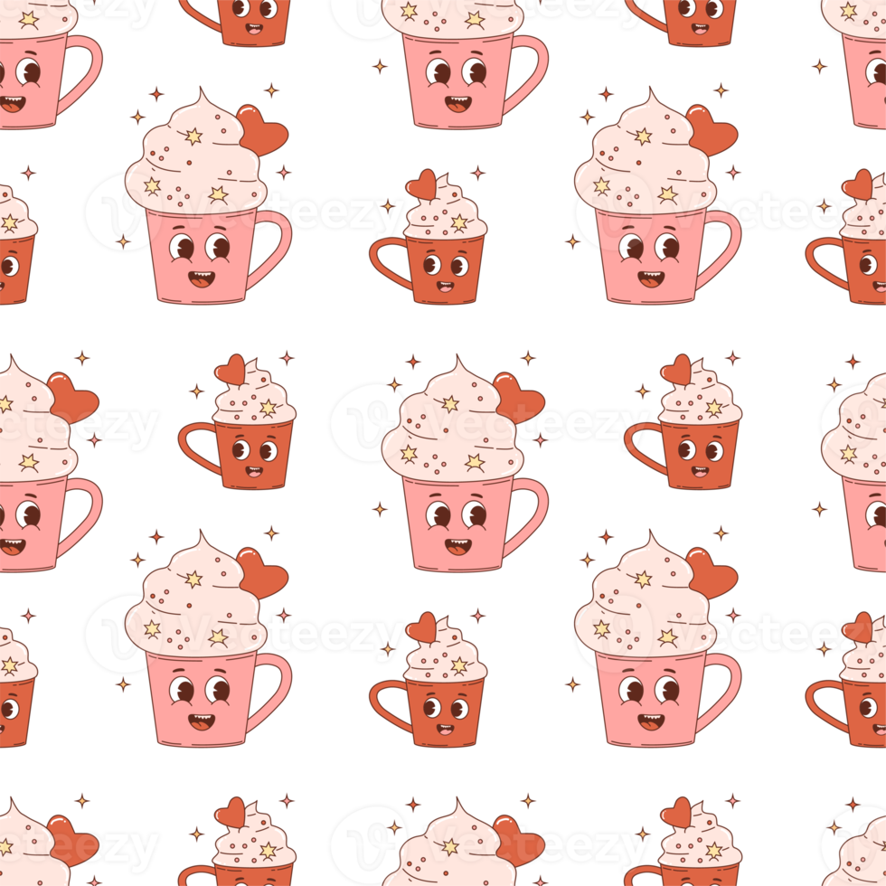 Retro seamless pattern. characters Happy cups png