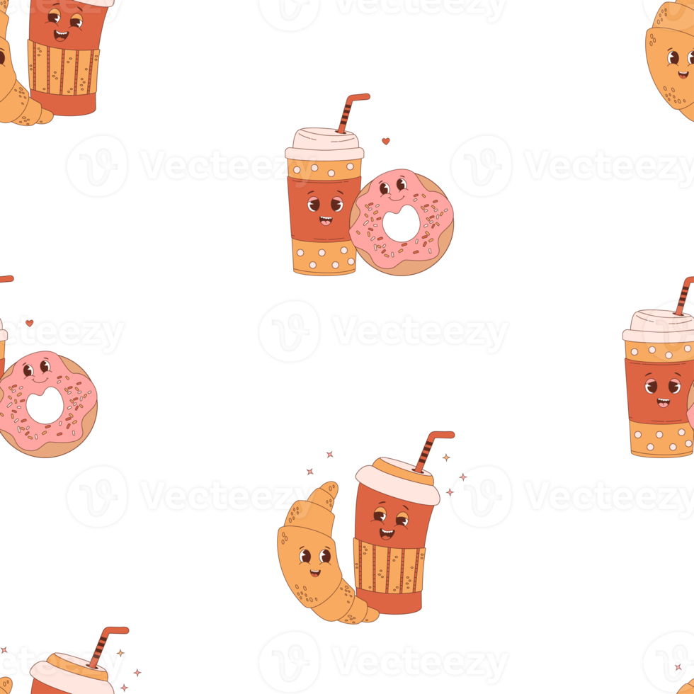 seamless pattern. Cute  coffee, donut and croissant png