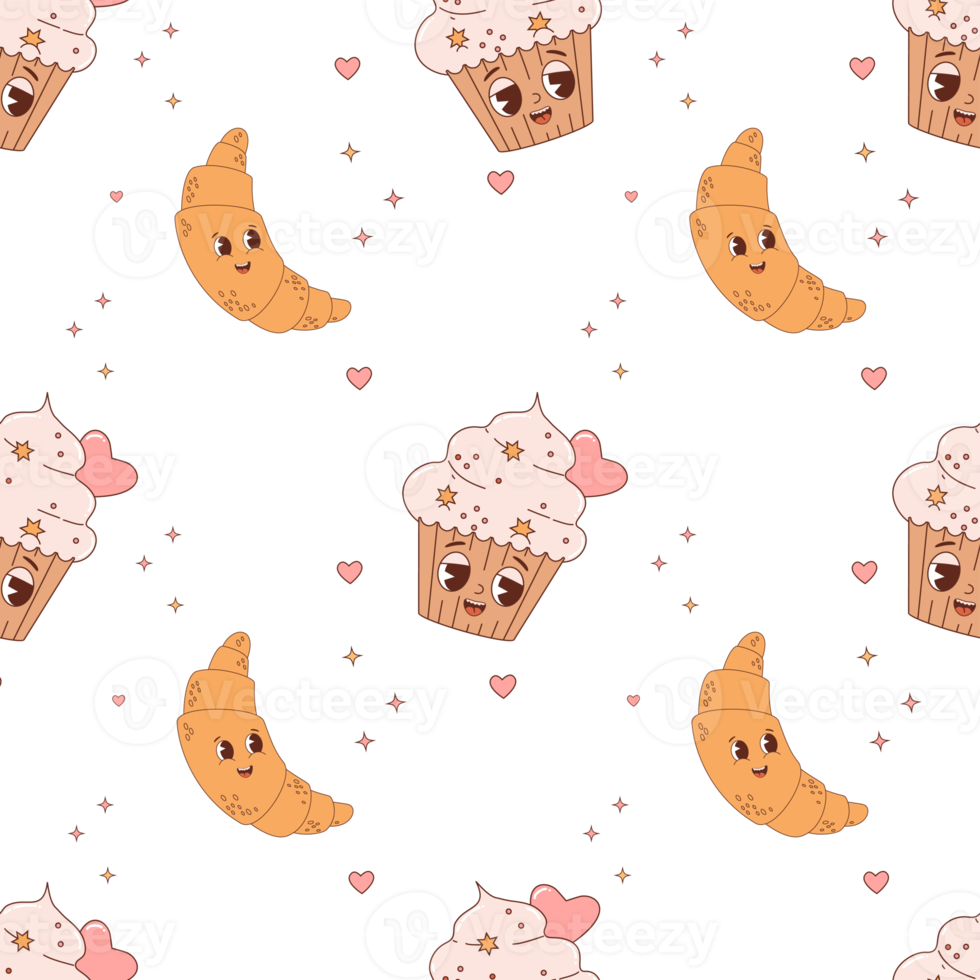 Seamless pattern with  croissant and cake cupcake png