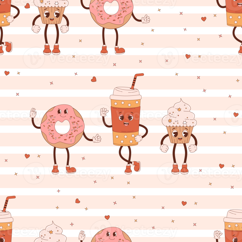seamless pattern. Happy  cupcake, donut and takeaway coffee png