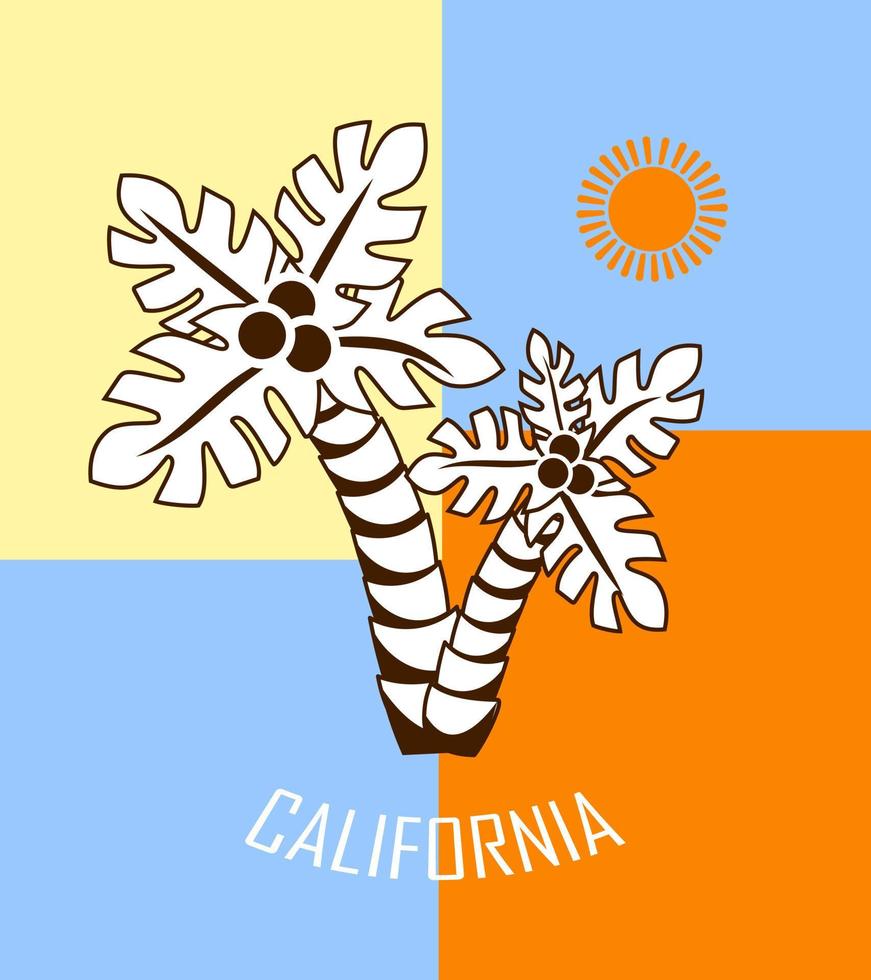 California tropical line art label template. Simple vector emblem with coconut palm tree and sun. T-shirt print template.