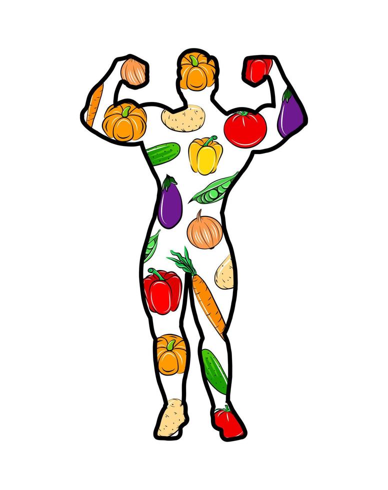 Fresh healthy food, vegan diet. Sportive athletic man shape with big muscles. vector
