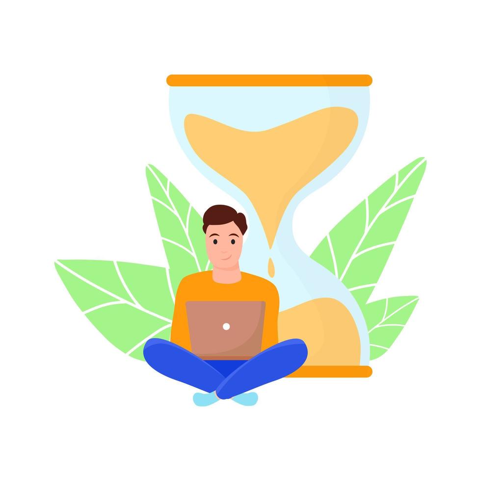 Young man sitting with laptop and hourglass. Freelance, online studying, work from home concept. Vector illustration in flat style.