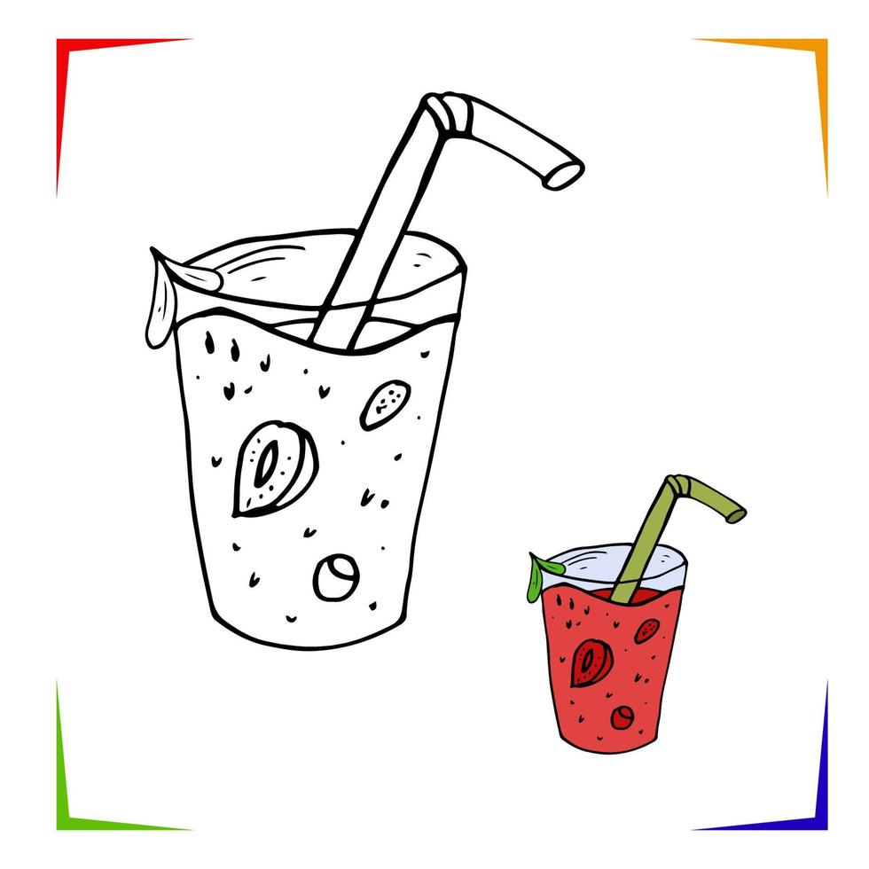 Strawberry smoothie, juice Coloring Page. Vector Educational worksheet colored by sample. Paint game.