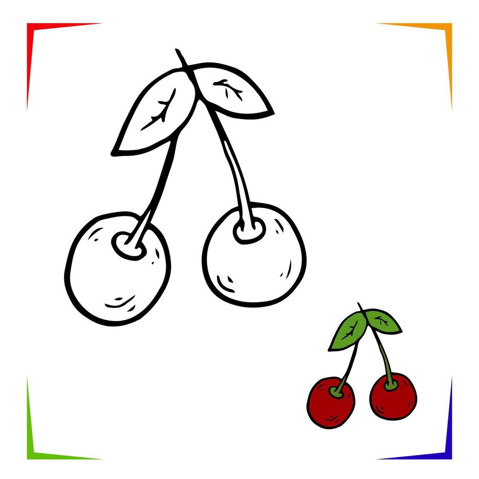 Cherry, sweet cherry Coloring Page. Vector Educational worksheet colored by sample. Paint game.