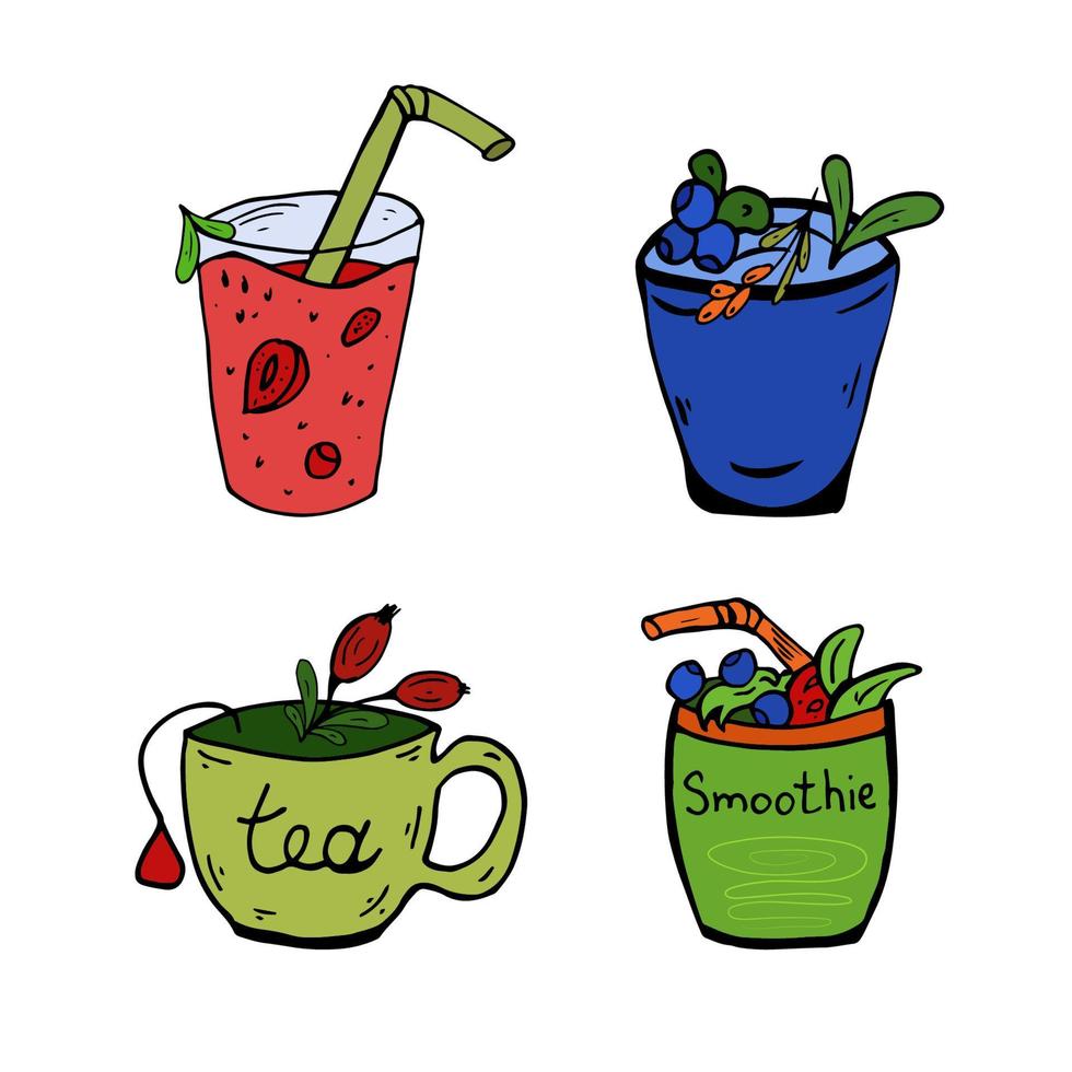 Set healthy drinks. Smoothie, juice, herb tea, compote, fruit drink, jelly. Vector illustration.