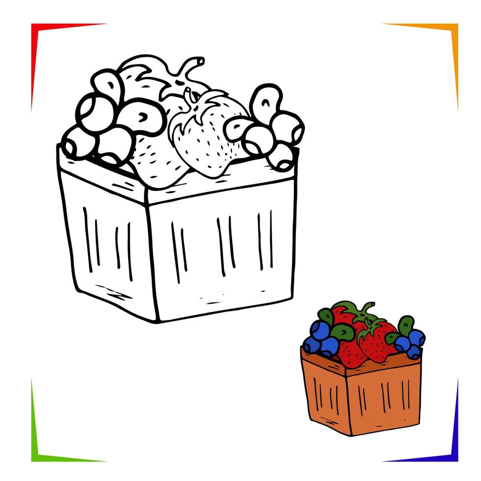 Fruit box Coloring Page. Vector Educational worksheet colored by sample. Paint game preschool