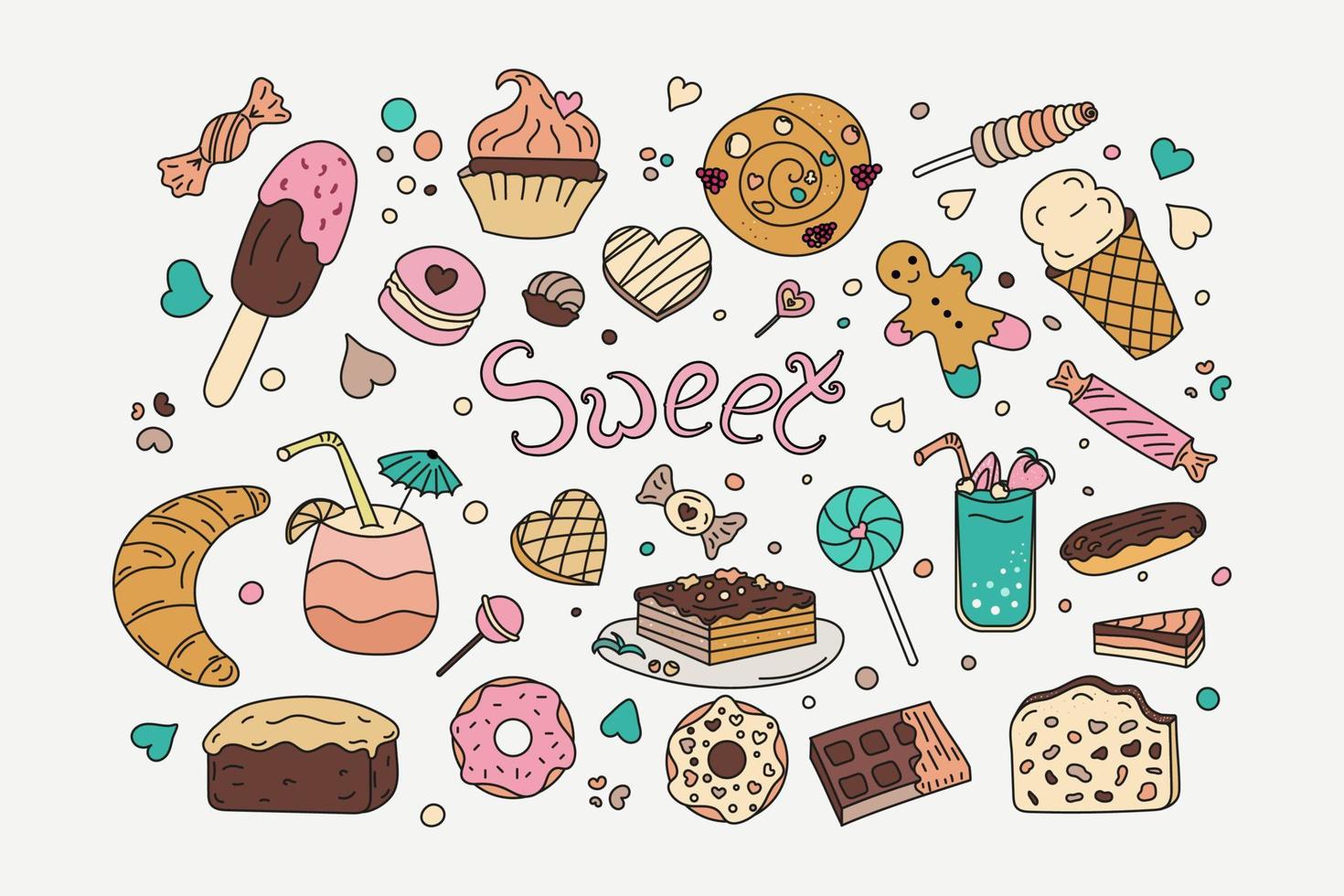 Set sweets doodle color. Vector illustration. Sweets, ice cream, chocolate, cakes, cocktails.