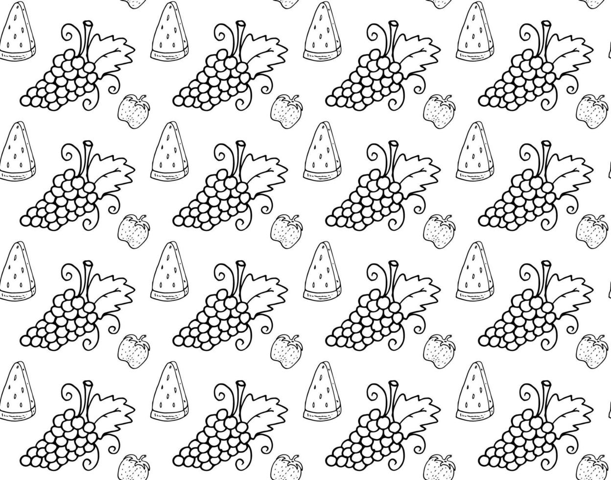 Grape strawberry watermelon Doodle seamless pattern. Vector black and white outline endless image.