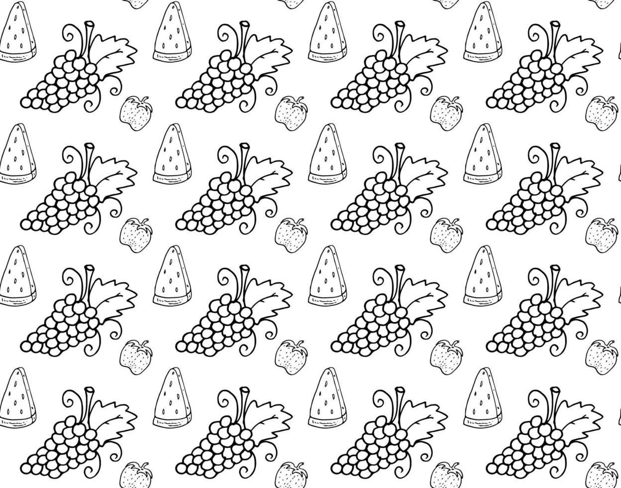 Grape strawberry watermelon Doodle seamless pattern. Vector black and white outline endless image.