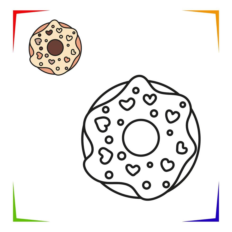 Sprinkled donut Coloring Page. Vector Educational worksheet colored by sample. Paint game.