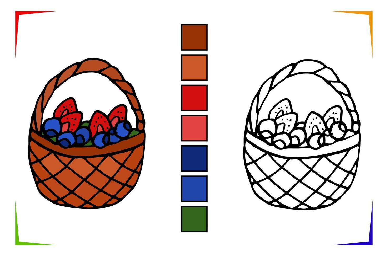 Fruta cesta colorante página. vector educativo hoja de cálculo de colores por muestra. pintar juego preescolar