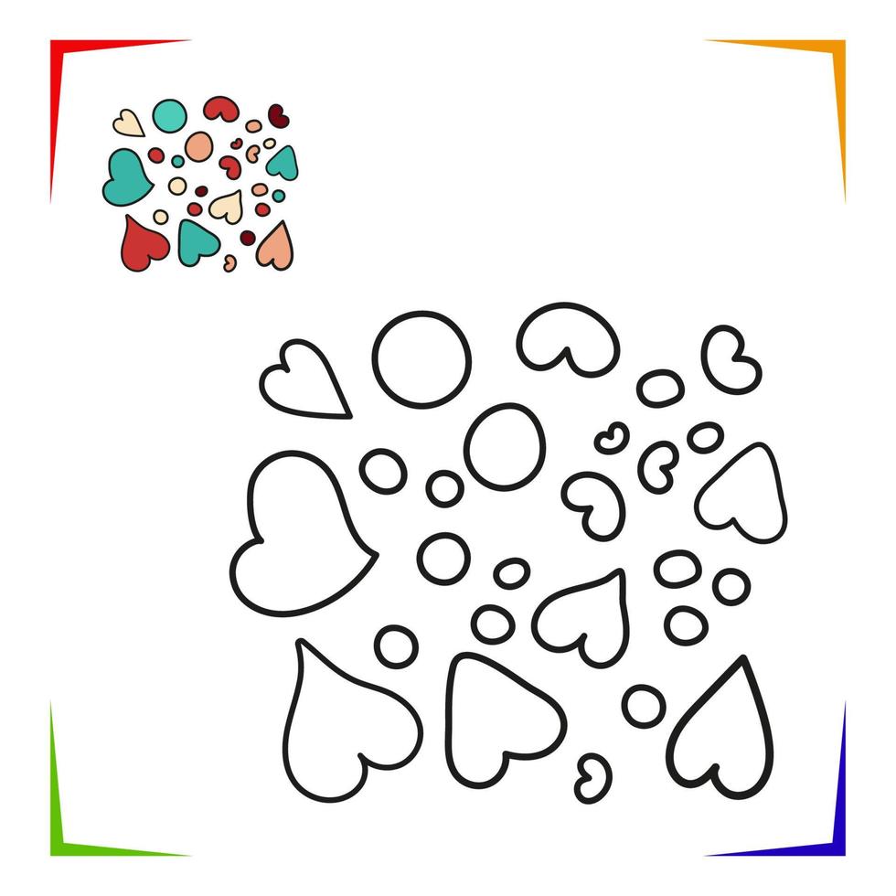 Heart shape and circles Coloring Page. Vector Educational worksheet colored by sample. Paint game.