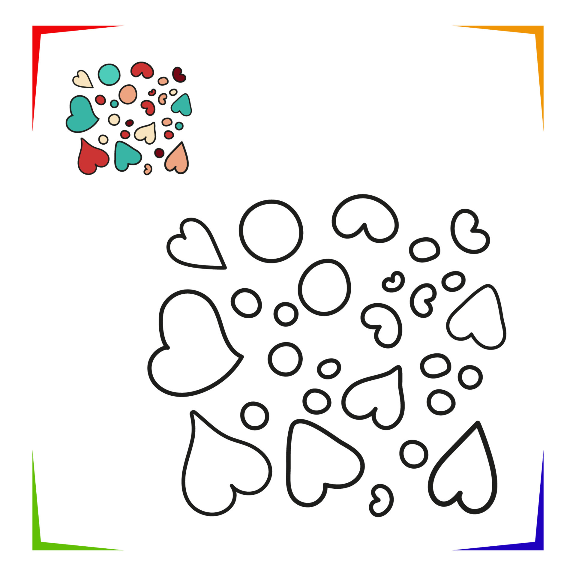 Heart shape and circles Coloring Page. Vector Educational worksheet