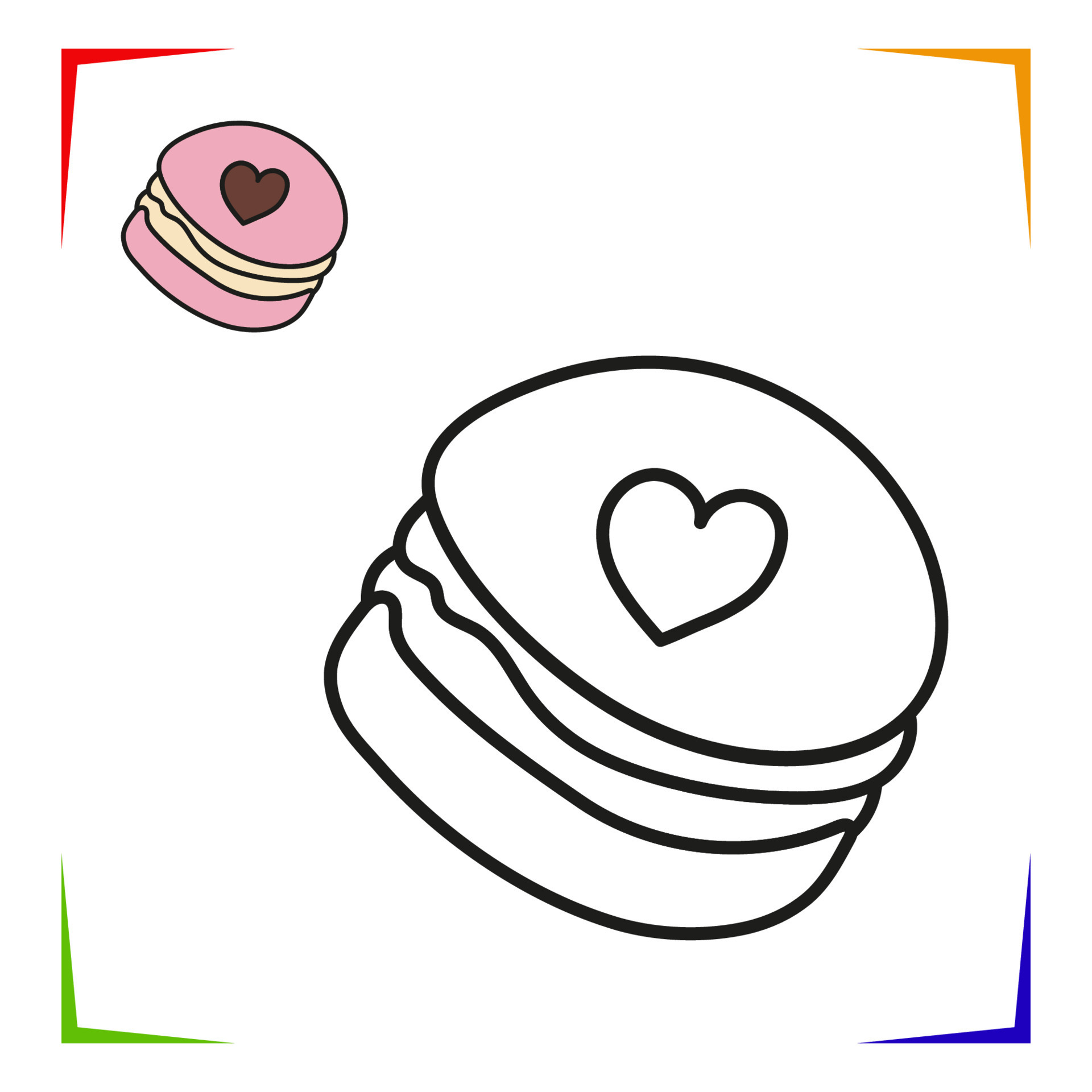 Macarons, Candy Coloring Page. Small cakes Vector Educational worksheet colored by sample Paint
